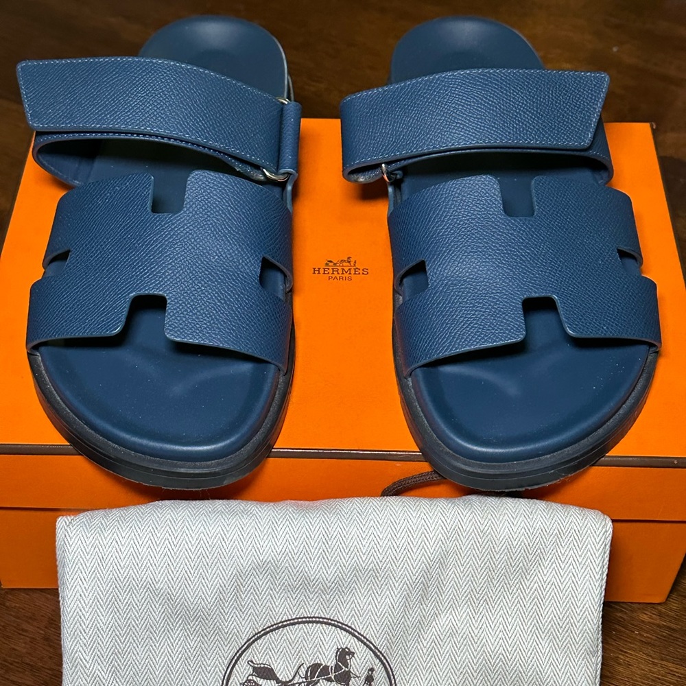 Hermes Navy Sandals with Adjustable Straps
